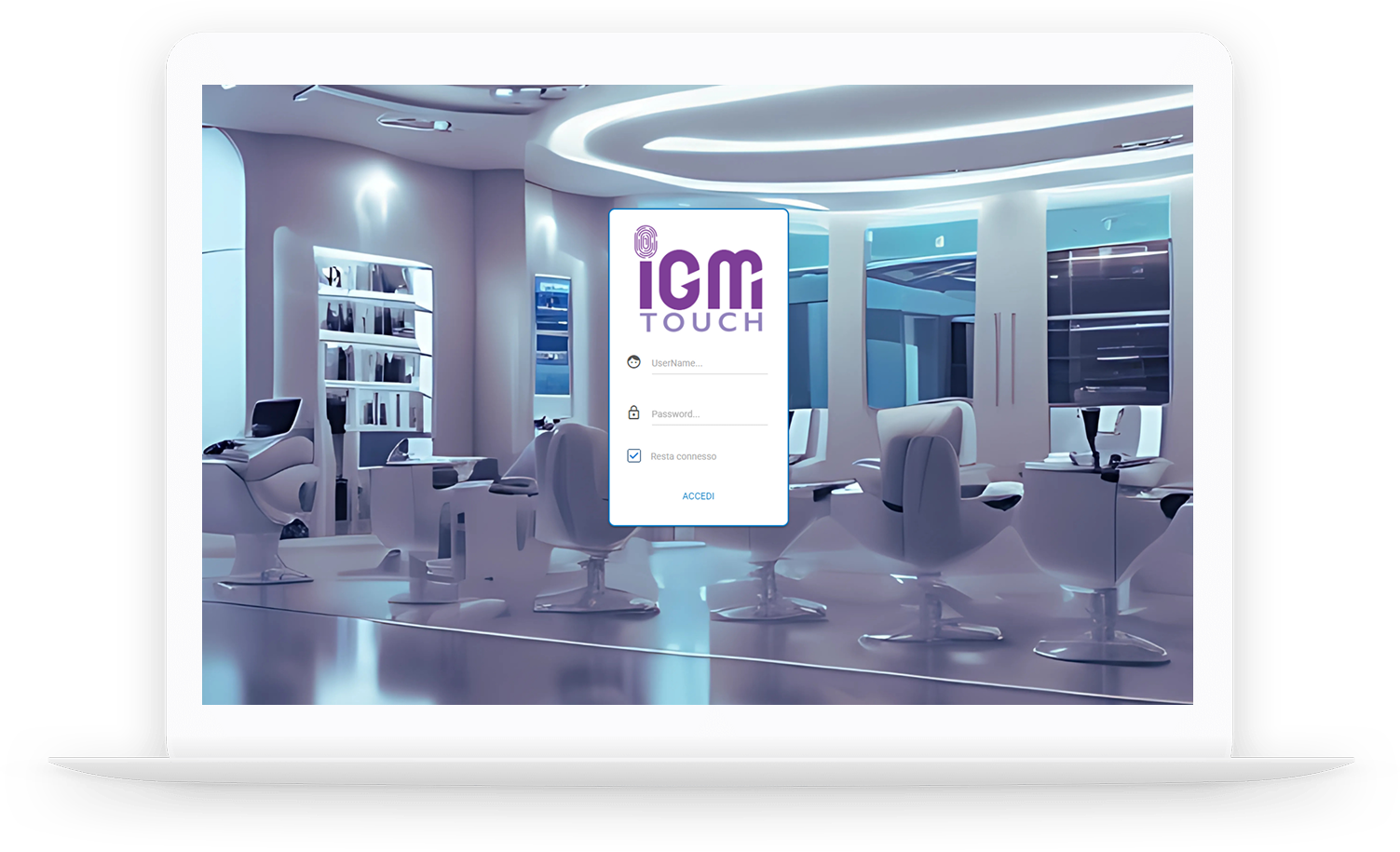 Accesso al Software IGM Touch Laptop con schermata di login del software gestionale IGM Touch per parrucchieri e centri estetici