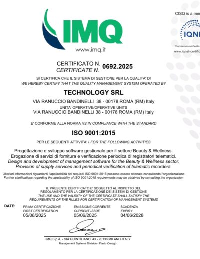 ISO 9001:2015 quality certification awarded to Technology SRL for software development and telematic services in the Beauty & Wellness sector, certified by IMQ Italy