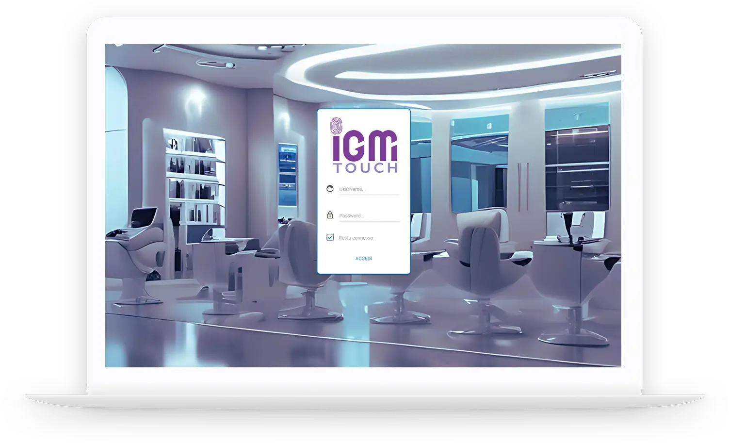 Laptop con schermata di login del software gestionale IGM Touch per parrucchieri e centri estetici