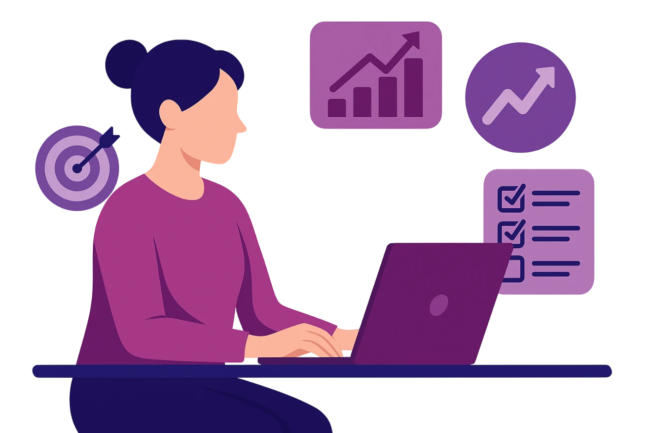 Donna che lavora al computer con icone di crescita, checklist e obiettivo, rappresentazione del raggiungimento degli obiettivi e della produttività.