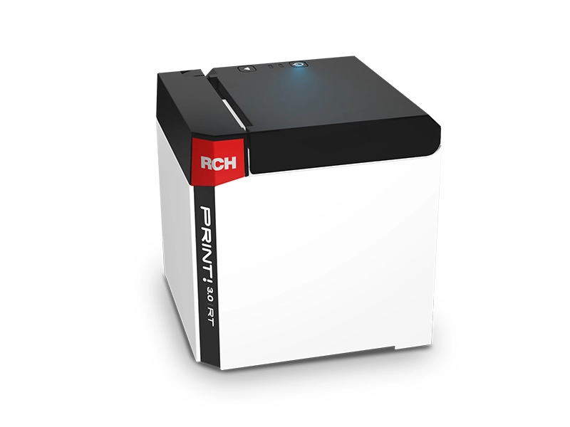 Stampante fiscale PRINT! 3.0 RT 1 RCH PRINT! 3.0 RT thermal receipt printer in a white cubic design with blue status light active.