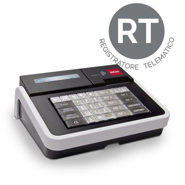 Registratore Telematico WALLE MEC RT 1 RCH WALLE MEC RT Registratore Telematico featuring a 30-key mechanical keyboard and backlit blue LCD.