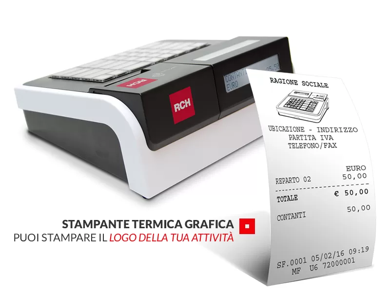 Registratore Telematico WALLE MEC RT 3 WALLE MEC RT thermal printer showing a printed receipt with a customizable business logo.