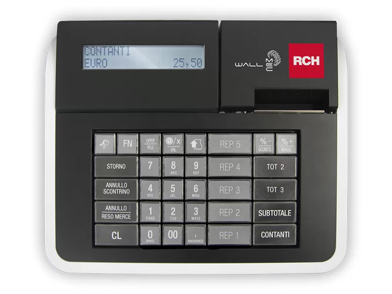Registratore Telematico WALLE MEC RT 2 Top-down view of RCH WALLE MEC RT keyboard and dual-line LCD display.